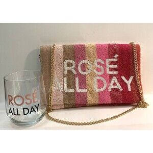 Rosé All Day Beaded Clutch Crossbody Purse Gold Chain Strap Stemless Glass